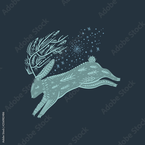 Rabbit with horns. Nursery poster with ornate animal, kids wall art. Forest inhabitant