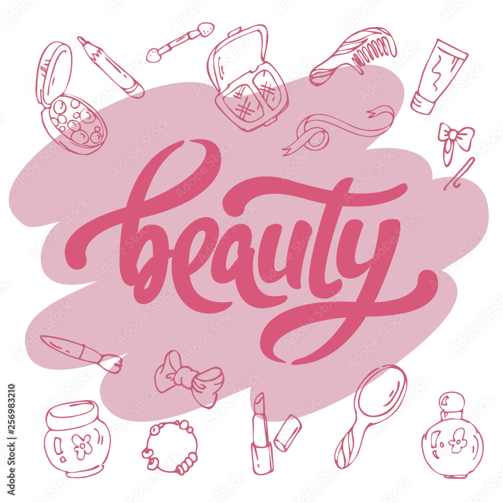 Lettering Beauty word on white background with elements of beauty and style Lettering Beauty word on white background with elements of beauty and style