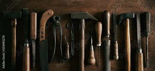Panorama banner with row of vintage hand tools