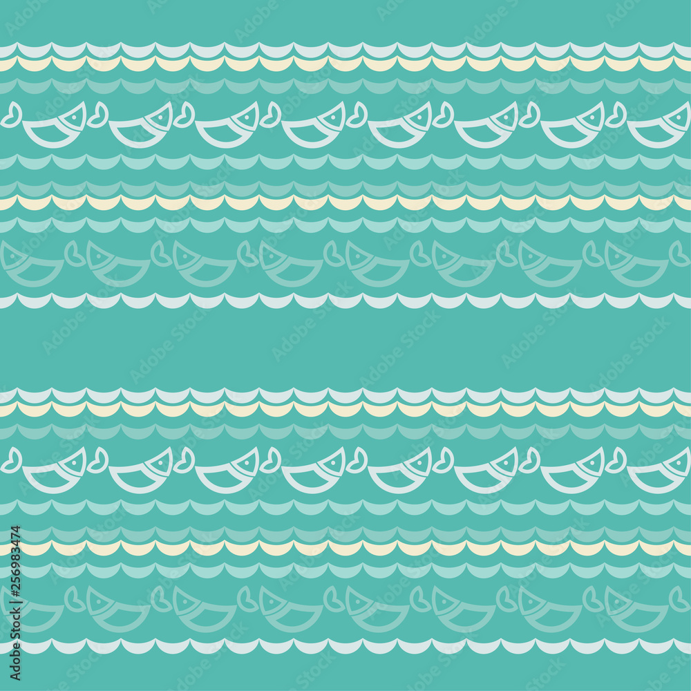 Seamless pattern with fishes in the sea. Waves. Cute cartoon. Can be used for wallpaper, textile, invitation card, wrapping, web page background. Seamless pattern with fishes in the sea. Waves. Cute cartoon. Can be used for wallpaper, textile, invitation card, wrapping, web page background.