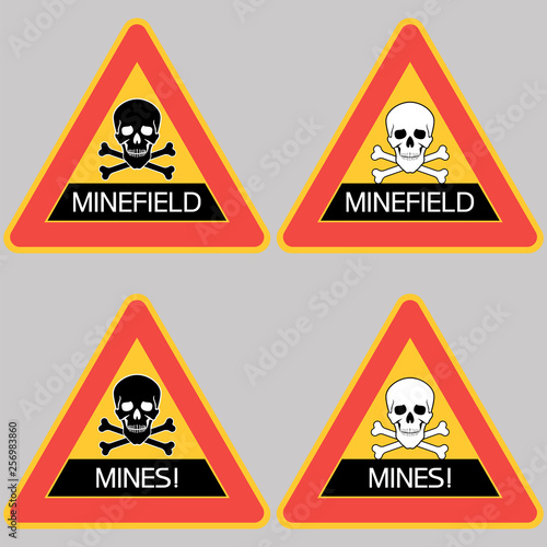Danger mines.Triangle signs , set. Hazard to health and life, an information sign identifying a dangerous area.