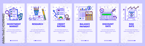 Mobile app onboarding screens. Credit rating and bank loan profile. Money, finance and accounting. Menu vector banner template for website and mobile development. Web site design flat illustration