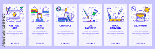 Mobile app onboarding screens. Abstract art, culture critic, oil painting. Menu vector banner template for website and mobile development. Web site design flat illustration