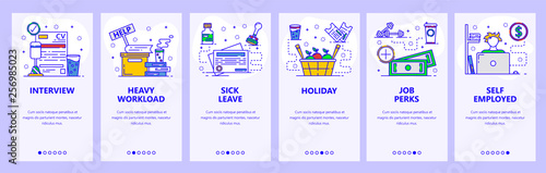 Mobile app onboarding screens. Work in office, sick leave and day off, job interview. Menu vector banner template for website and mobile development. Web site design flat illustration