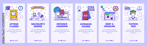 Mobile app onboarding screens. School and college education, distance online learning, intensive cources. Menu vector banner template for website and mobile development. Web site design illustration