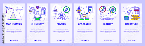 Mobile app onboarding screens. Science and school subjects, chemistry, math, physics, biology. Menu vector banner template for website and mobile development. Web site design flat illustration