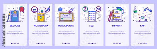 Mobile app onboarding screens. School education, homework, library and test results. Menu vector banner template for website and mobile development. Web site design flat illustration