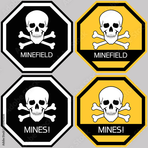 Danger mines. Octagonal signs set.Hazard to health and life, an information sign identifying a dangerous area.