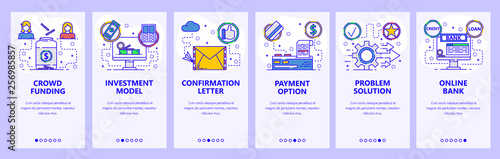 Mobile app onboarding screens. Online bank and money transfer, investment and crowd funding. Menu vector banner template for website and mobile development. Web site design flat illustration