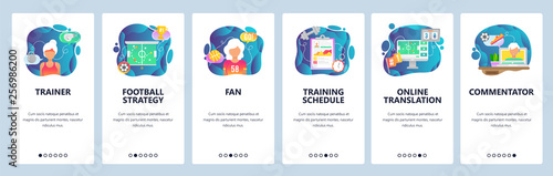 Mobile app onboarding screens. Sport game trainer, football strategy, sport fan and commentator. Menu vector banner template for website and mobile development. Web site design flat illustration