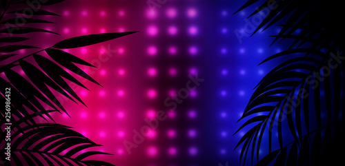 Dark empty stage  multi color of neon searchlight  night view. Abstract background with spotlights and tropical leaves. Night view lights.