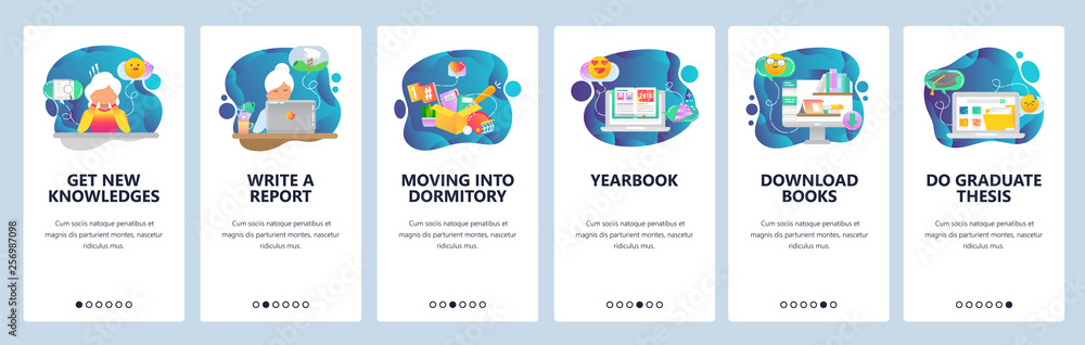Mobile app onboarding screens. College and school education icons, yearbook, online library, thesis. Menu vector banner template for website and mobile development. Web site design flat illustration - obrazy, fototapety, plakaty 