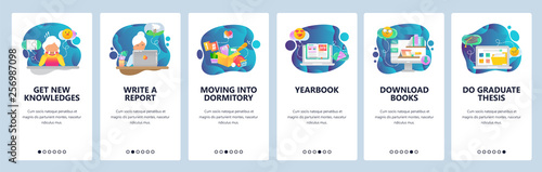Mobile app onboarding screens. College and school education icons, yearbook, online library, thesis. Menu vector banner template for website and mobile development. Web site design flat illustration
