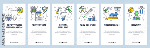 Mobile app onboarding screens. Dental care, tooth implant, dentist doctor and health insurance. Menu vector banner template for website and mobile development. Web site design flat illustration
