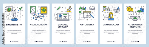 Mobile app onboarding screens. Medicine and hospital icons, lab, surgery, optometry, herbs. Menu vector banner template for website and mobile development. Web site design flat illustration