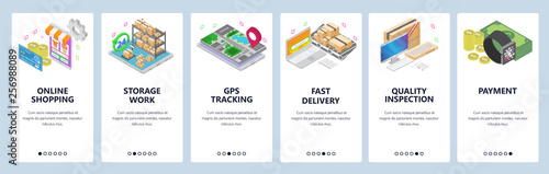 Mobile app onboarding screens. Online shopping, smart watch, payments, warehouse, delivery, gps tracking. Vector banner template for website and mobile development. Web site isometric illustration