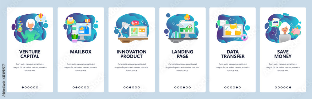 Mobile app onboarding screens. Female venture capitalist, investment, startup, email inbox, data sync and landing page. Vector banner template for website mobile development. Web site illustration