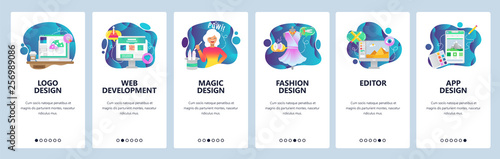 Mobile app onboarding screens. Web development, fashion design, mobile photo editing. Menu vector banner template for website and mobile development. Web site design flat illustration