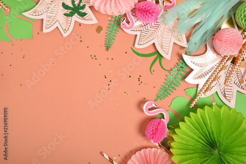 Festive background. Tropical theme. Summer. Hawaii. Party, birthday. View from above. Flat lay.