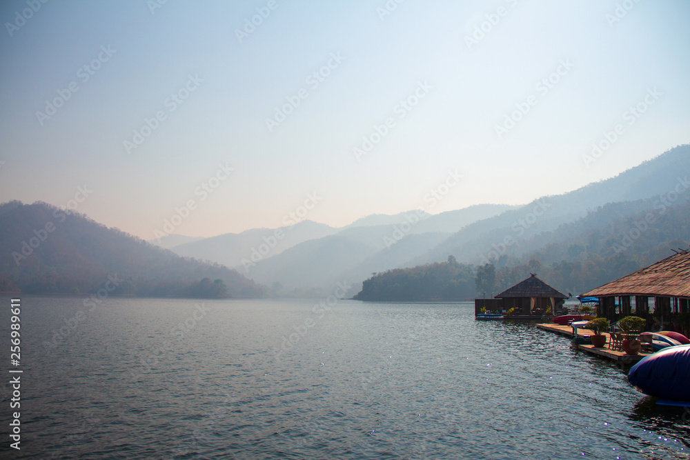 The mountain view on the lake with floating home stay for natural background to relaxing time or time of freedom.