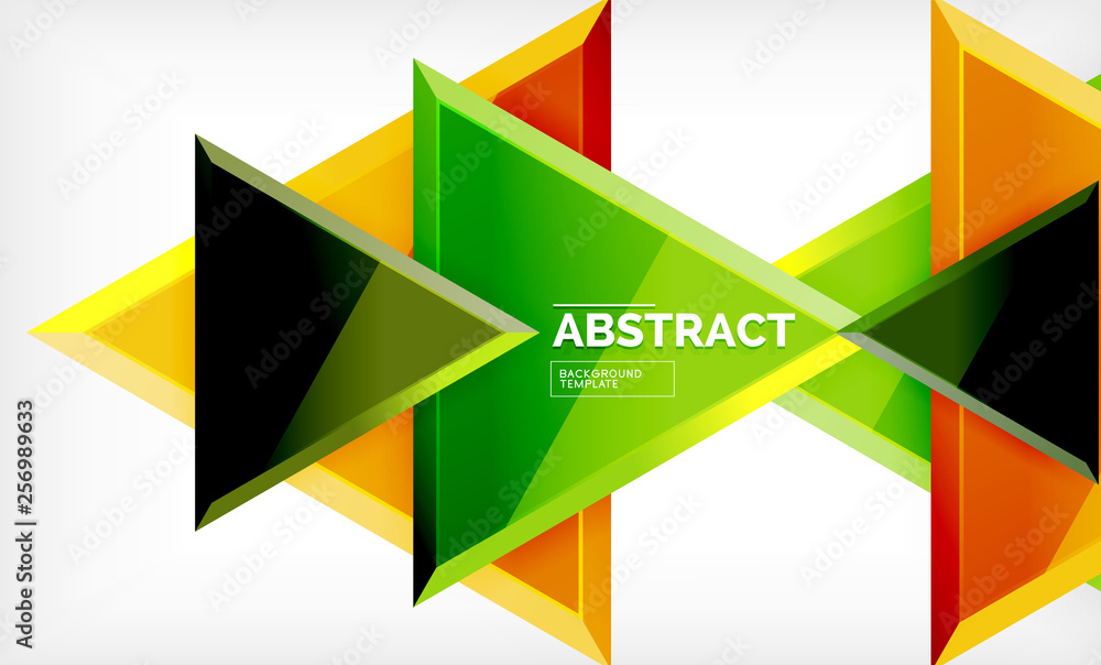 Triangles repetiton geometric abstract background, multicolored glossy triangular shapes, hi-tech poster cover design or web presentation template with copy space Triangles repetiton geometric abstract background, multicolored glossy triangular shapes, hi-tech poster cover design or web presentation template with copy space