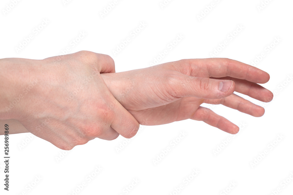 male hands holding each other isolated on white background. Frienship conception. Protection conception.