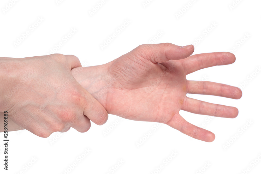 male hands holding each other isolated on white background. Frienship conception. Protection conception.