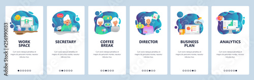 Mobile app onboarding screens. Office, coffee break, business analytics, work space. Menu vector banner template for website and mobile development. Web site design flat illustration