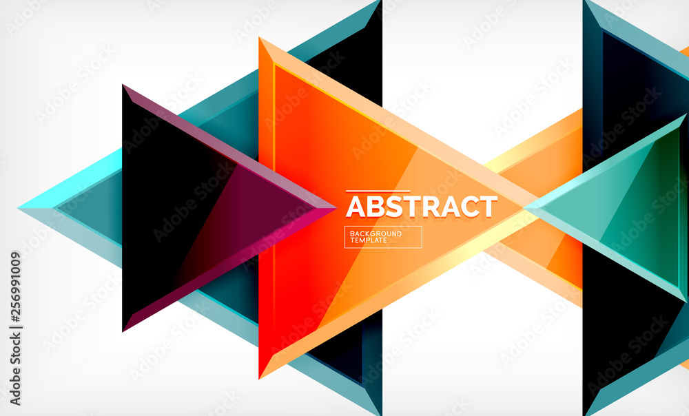 Triangles repetiton geometric abstract background, multicolored glossy triangular shapes, hi-tech poster cover design or web presentation template with copy space Triangles repetiton geometric abstract background, multicolored glossy triangular shapes, hi-tech poster cover design or web presentation template with copy space