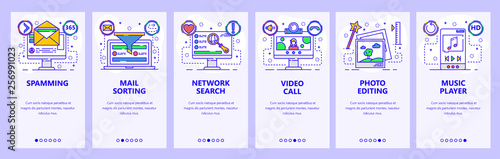 Mobile app onboarding screens. Spam, email, video call, photo editor, music player. Menu vector banner template for website and mobile development. Web site design flat illustration