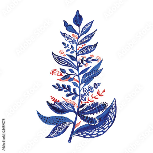 Blue branch illustration with red elements