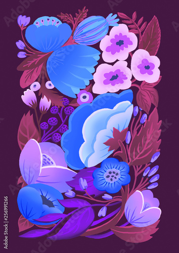 Floral illustration with blue peonies on violet background