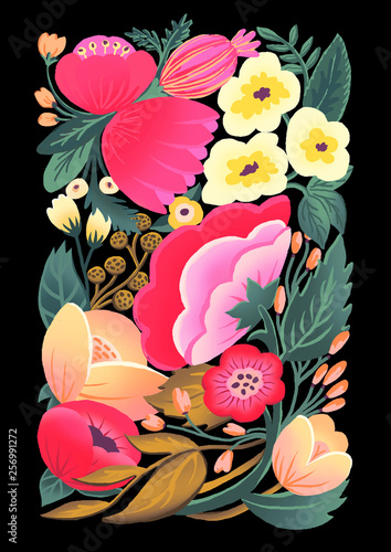 Floral illustration with peonies on black background
