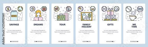 Mobile app onboarding screens. Money savings, travel bag, family portrait, me time. Menu vector banner template for website and mobile development. Web site design flat illustration