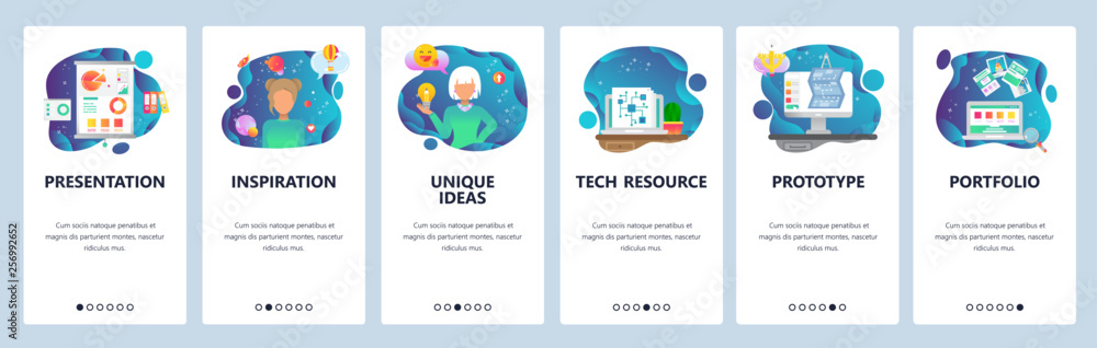 Mobile app onboarding screens. FInancial presentation, unique ideas and creativity, computer chip prototype. Vector banner template for website and mobile development. Web site flat illustration