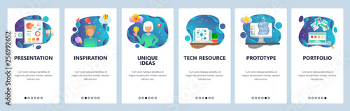 Mobile app onboarding screens. FInancial presentation, unique ideas and creativity, computer chip prototype. Vector banner template for website and mobile development. Web site flat illustration