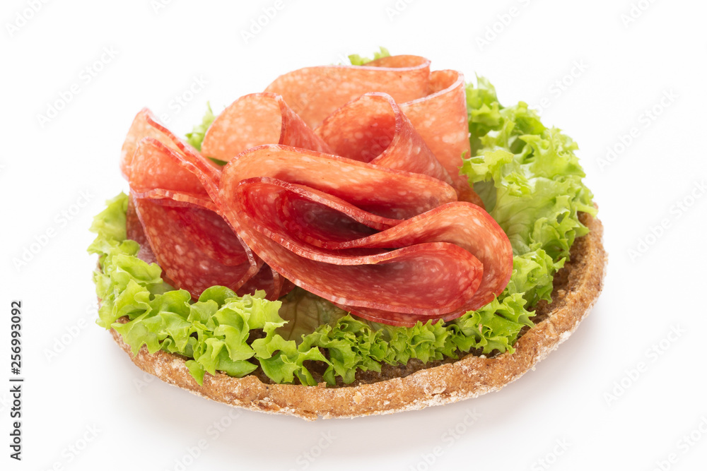 Sandwich with salami sausage on white background. Sandwich with salami sausage on white background.