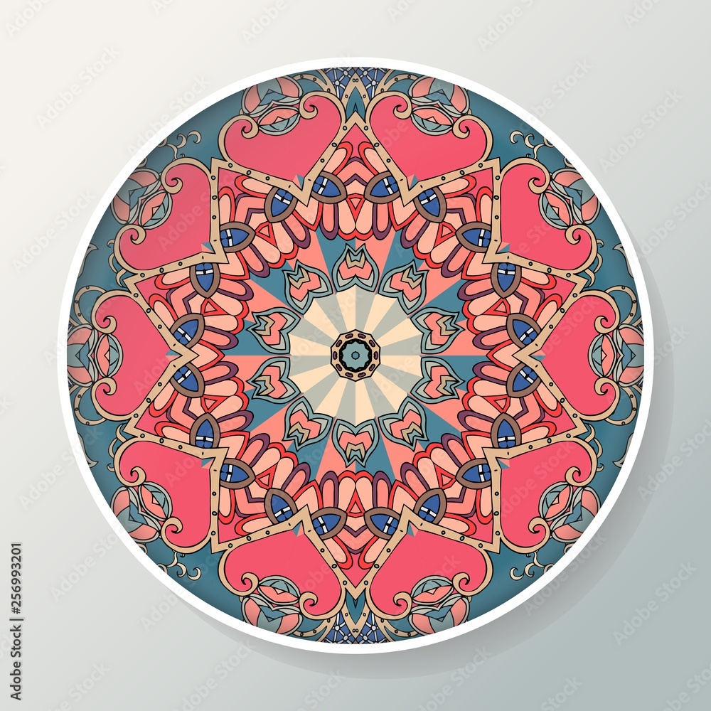 Decorative plate with mandala in ethnic style. Oriental round ornament with indian motifs. Decorative plate with mandala in ethnic style. Oriental round ornament with indian motifs.