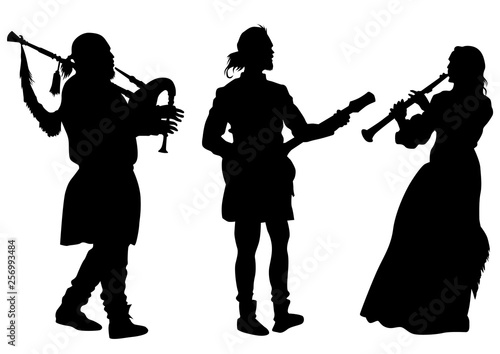 Musicians with old instruments on white background