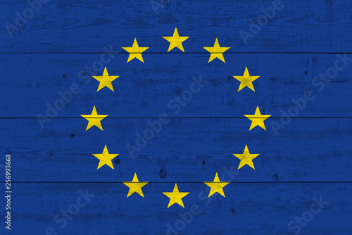Europe EU flag painted on old wood plank