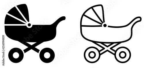 Simple baby carriage icon, black and white version