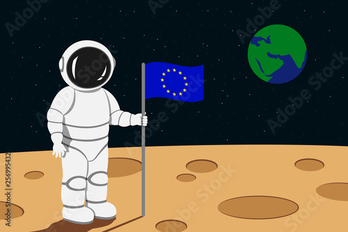 European astronaut lending on moon and hold flag of European Union in his hand. Vector illustration.