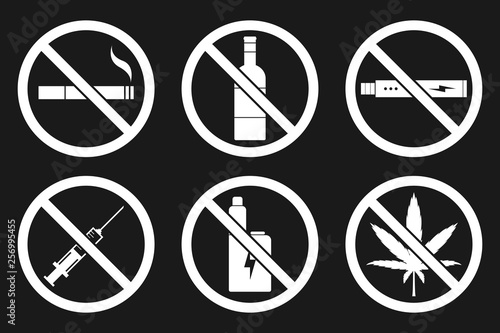 NO SMOKING, NO VAPING, NO HEMP, NO DRUGS, NO ALCOHOL sign. Vector.