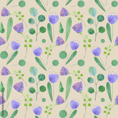 seamless pattern with cute watercolor illustration of stylized flowers.