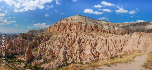 Panoramic view from the structure of snad in Cappadocia. Impressive fairy chimneys of sandstone and mountains in the Cappadocia, Nevsehir Province in the Central Anatolia Region of Turkey.  photo