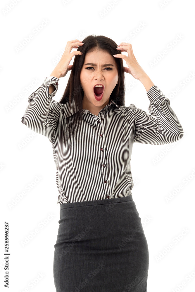Beautiful asian young lady scratching her head isolated on white background. Business woman being crazy-busy with problem and urgent work. Beautiful asian young lady scratching her head isolated on white background. Business woman being crazy-busy with problem and urgent work.