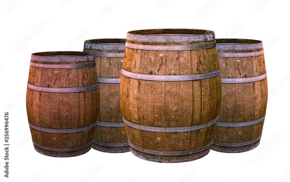 Fototapeta premium old oak barrel aging wines flavoring flavor natural material winemaking group of large tiny white background