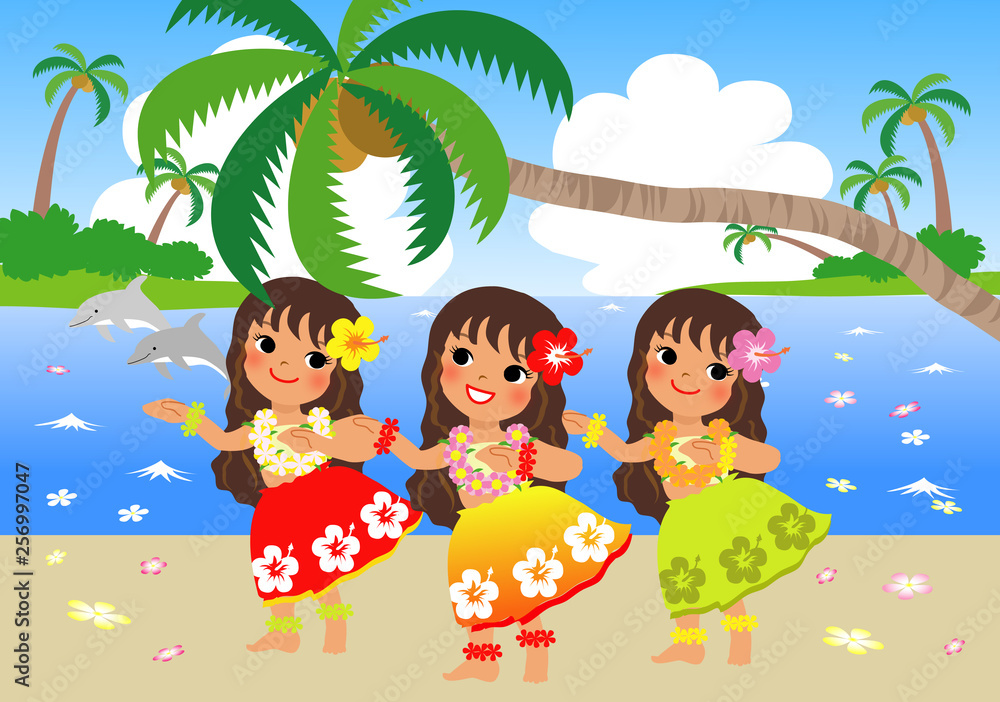 浜辺でフラダンスする三人娘 Stock イラスト Adobe Stock
