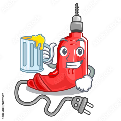 With juice electric drill isolated with the mascot