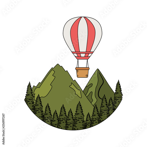 balloon air hot flying with pines and mountians scene